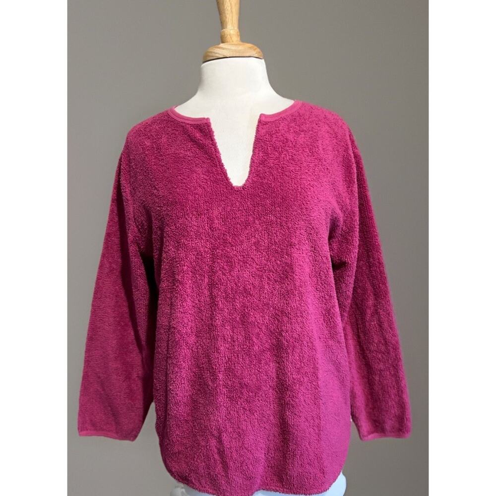 Hot Cotton Womens M 100% Cotton V-Neck Sweater Hot Pink Terry Cloth Casual